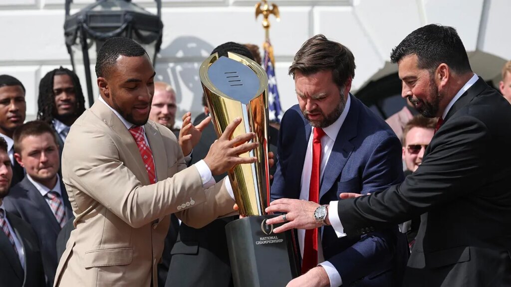 JD Vance nearly fumbles Ohio State’s football trophy at White House JD Vance nearly fumbles Ohio State’s football trophy at White House