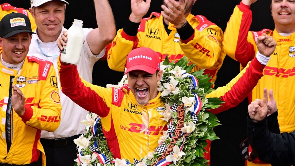Alex Palou moves around Marcus Ericsson to win Indy 500