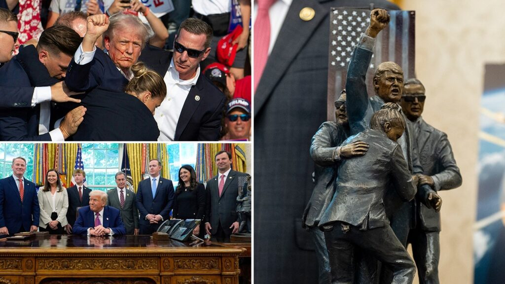 Sculpture depicting iconic Trump assassination attempt displayed in Oval Office Sculpture depicting iconic Trump assassination attempt displayed in Oval Office
