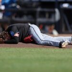 Marlins pitcher Ryan Weathers was drilled in the head by a throw during warmup